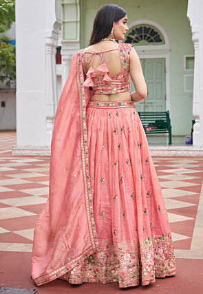 Embroidered Art Silk Lehenga in Peach