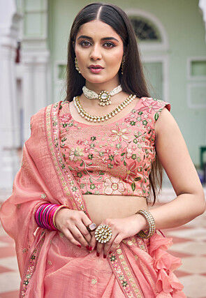 Embroidered Art Silk Lehenga in Peach