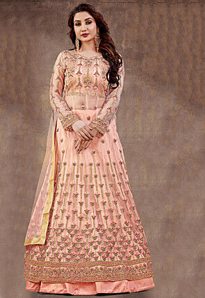 Embroidered Net Lehenga in Peach