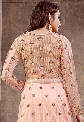 Embroidered Net Lehenga in Peach