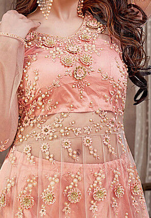 Embroidered Net Lehenga in Peach
