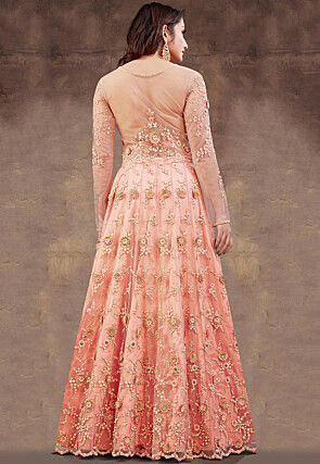 Embroidered Net Lehenga in Peach