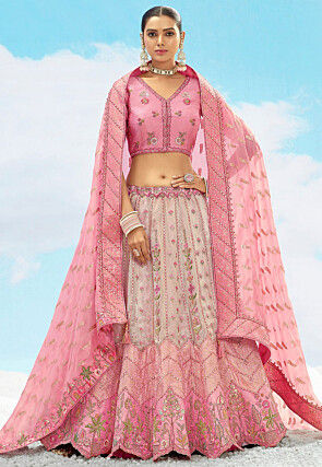 Embroidered Art Silk Jacquard Lehenga in Peach