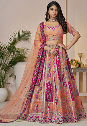 Embroidered Art Silk Lehenga in Peach