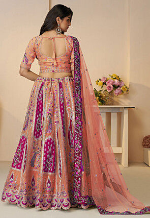 Embroidered Art Silk Lehenga in Peach