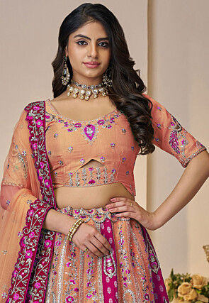 Embroidered Art Silk Lehenga in Peach