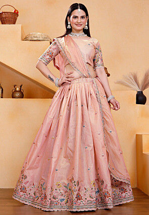 Embroidered Art Silk Lehenga in Peach