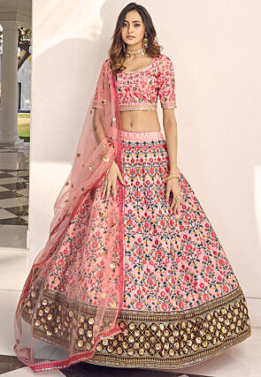 Embroidered Art Silk Lehenga in Peach