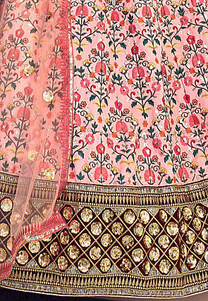 Embroidered Art Silk Lehenga in Peach