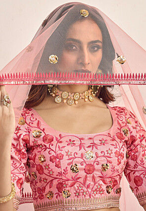 Embroidered Art Silk Lehenga in Peach