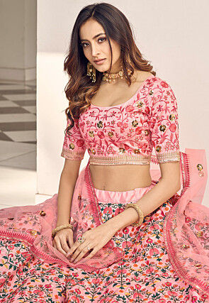 Embroidered Art Silk Lehenga in Peach