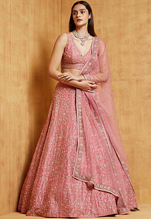 Embroidered Art Silk Lehenga in Peach