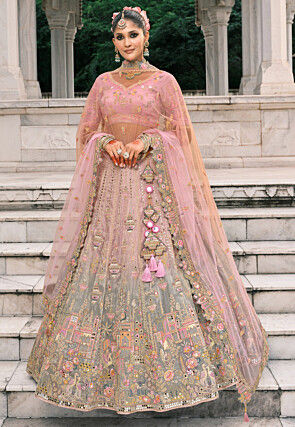 Embroidered Art Silk Lehenga in Pink and Grey