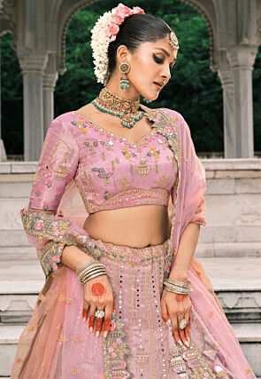 Embroidered Art Silk Lehenga in Pink and Grey