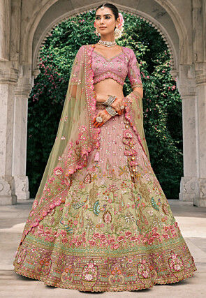 Embroidered Art Silk Lehenga in Pink and Light Green