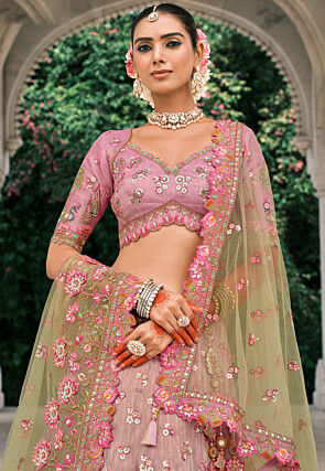 Embroidered Art Silk Lehenga in Pink and Light Green
