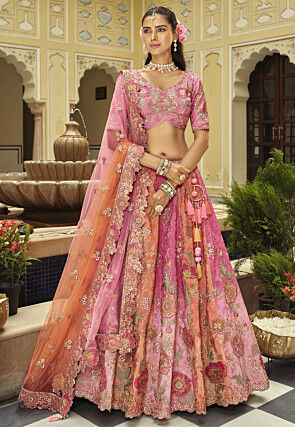 Embroidered Art Silk Lehenga in Pink and Peach