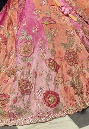 Embroidered Art Silk Lehenga in Pink and Peach