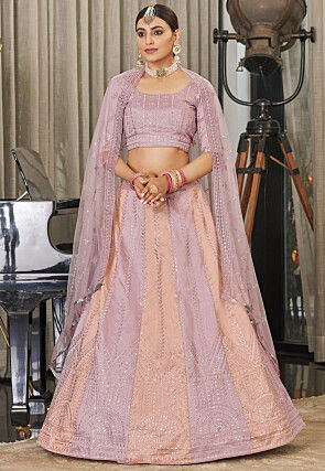 Embroidered Art Silk Lehenga in Pink and Peach