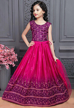 Embroidered Art Silk Lehenga in Pink and Purple