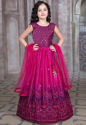 Embroidered Art Silk Lehenga in Pink and Purple