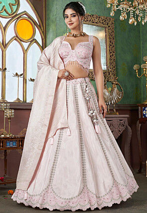 Embroidered Art Silk Jacquard Lehenga in Pink