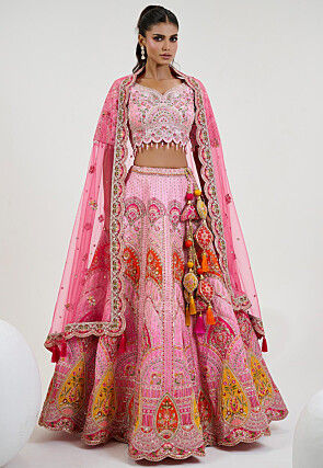 Embroidered Art Silk Lehenga in Pink