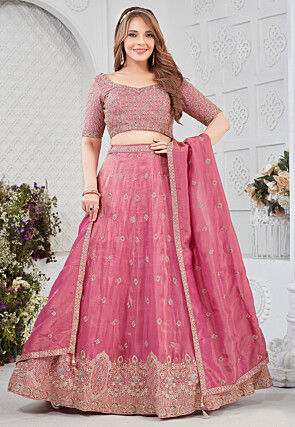 Embroidered Art Silk Lehenga in Pink