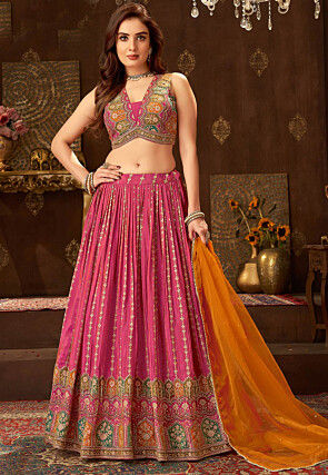 Embroidered Art Silk Lehenga in Pink