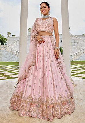 Embroidered Art Silk Lehenga in Pink