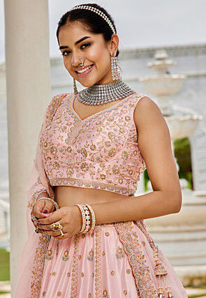 Embroidered Art Silk Lehenga in Pink