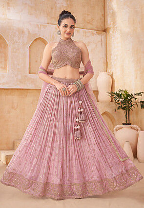 Embroidered Art Silk Lehenga in Pink