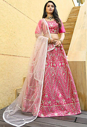 Embroidered Art Silk Lehenga in Pink