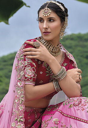 Embroidered Art Silk Lehenga in Pink