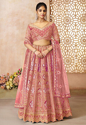 Embroidered Art Silk Lehenga in Pink
