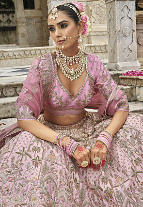 Embroidered Art Silk Lehenga in Pink