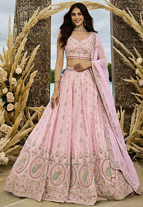 Embroidered Art Silk Lehenga in Pink