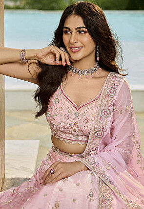 Embroidered Art Silk Lehenga in Pink