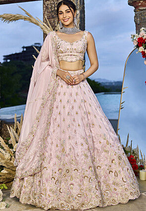 Embroidered Art Silk Lehenga in Pink