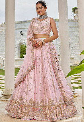 Embroidered Art Silk Lehenga in Pink
