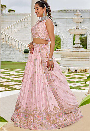 Embroidered Art Silk Lehenga in Pink