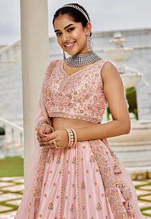 Embroidered Art Silk Lehenga in Pink