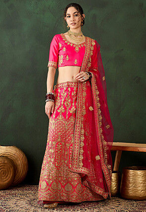 Embroidered Art Silk Lehenga in Pink
