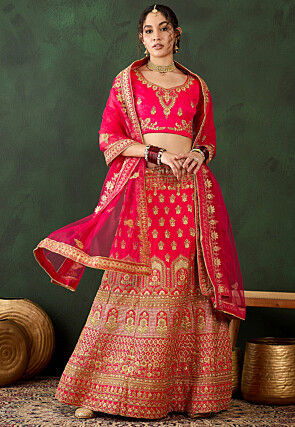 Embroidered Art Silk Lehenga in Pink