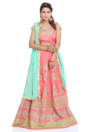 Embroidered Art Silk Lehenga in Pink