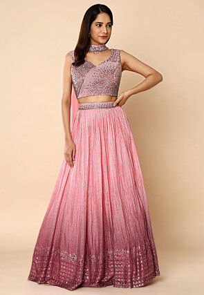 Embroidered Art Silk Lehenga in Pink