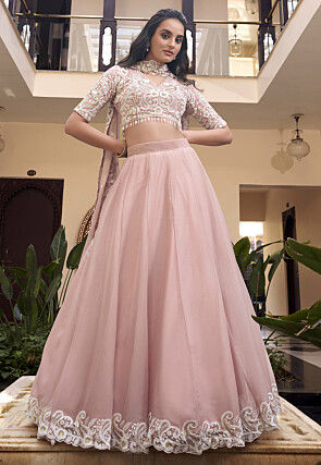 Embroidered Art Silk Lehenga in Pink