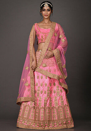 Embroidered Art Silk Lehenga in Pink