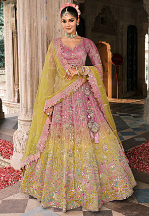Embroidered Art Silk Lehenga in Purple and Light Green