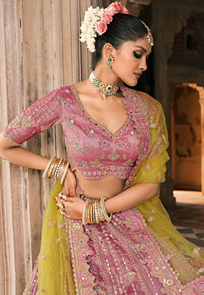 Embroidered Art Silk Lehenga in Purple and Light Green